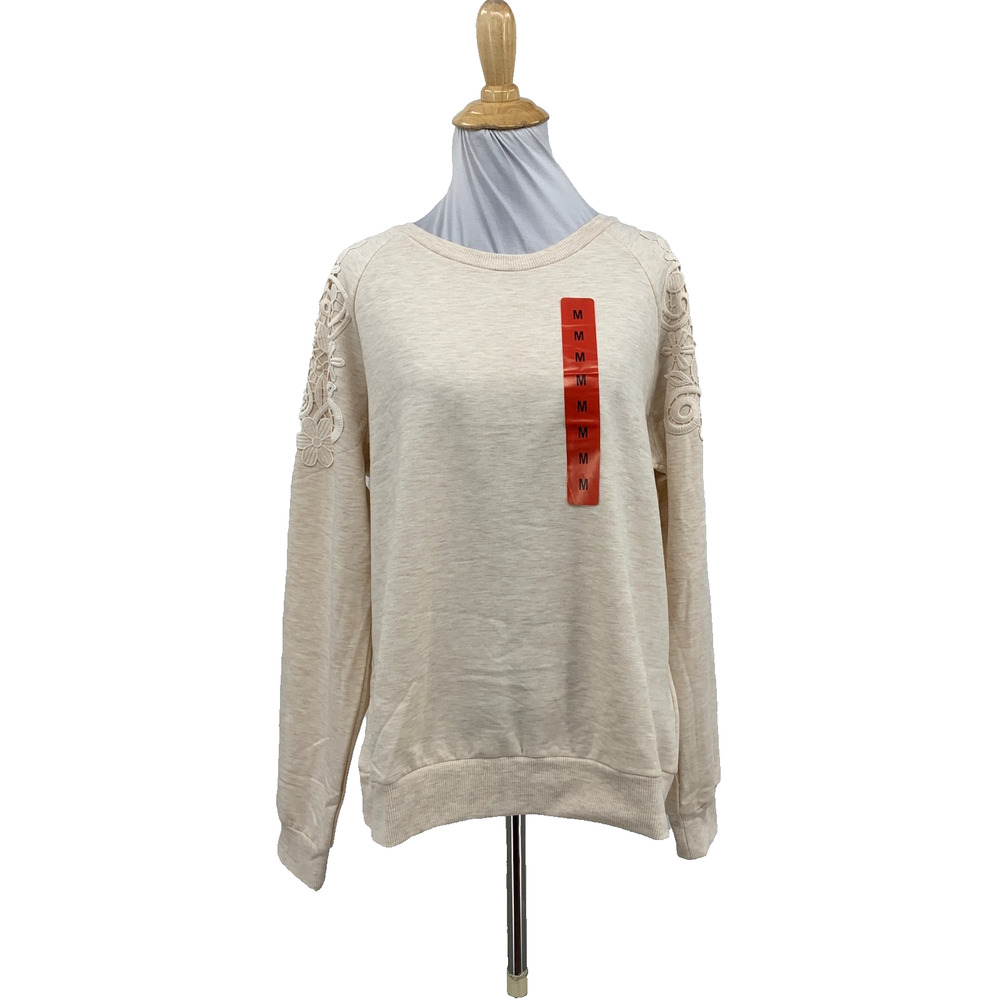 Gloria Vanderbilt Sweater Womens M Medium Oatmeal Crochet Shoulder Pullover Crew
